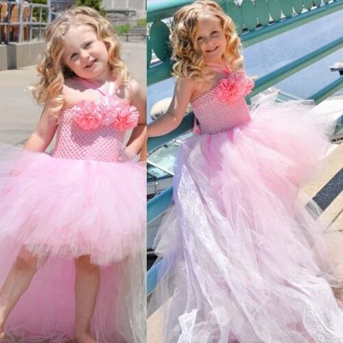 Flower Girls Soft Tulle Tutu Dress Pink and Lt Pink with Lace Children Dress Wedding Bridesmaid Pageant Attire TS112