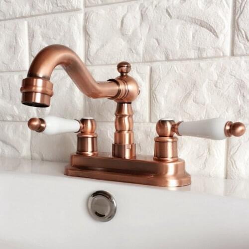Antique Red Copper 4" Centerset Brass Kitchen Bathroom Vessel Sink Two Holes Basin Swivel Faucet Dual Handles Water Tap arg048