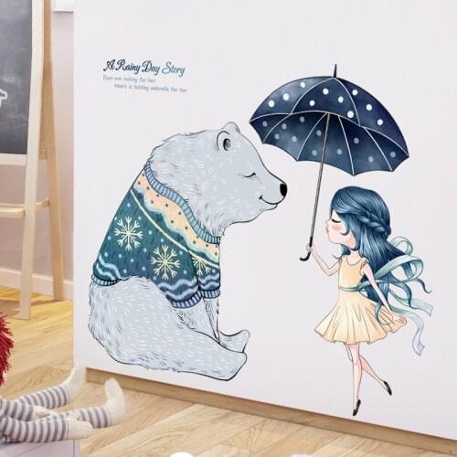 Cartoon Rainny Day Story Cute Bear Girls Wall Stickers For Kids Room Pvc Decorative Wall Stickers Nursery Baby Children Decor