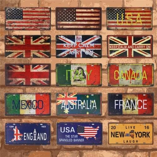 Bar Wall Decoration Country Flag+Name License Plate Tin Sign Vintage Metal Sign Home Decor Painting Plaques Poster 15x30CM C12