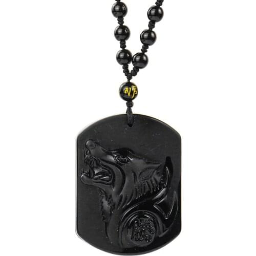 Natural Black Obsidian Totem Wolf Head Howl Lucky Necklace Carving Charm Amulet Pendant Bead Rope Chain Blessing Jewelry Gift