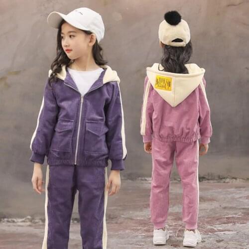 New Spring Autumn Girls Clothes Suits Hooded Jackets and Pants 2pcs Corduroy Fabric Childrens High Quality Casual Outfits Sets