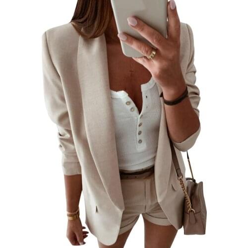 Office Lady Open Front Solid Color Long Sleeve Lapel Blazer Suit Jacket Coat