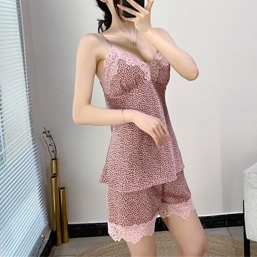 Sexy Womens Pajamas Suit Leopard Print Suspender Shorts Two-Piece Set Summer Ice Silk Female Home Wear With Chest Pad Gather