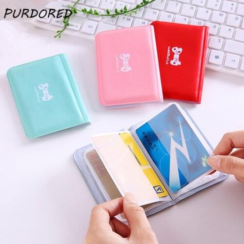 PURDORED 1 pc 12 Bits Cute Bow Credit Card Holder Bag Women PU Leather Buckle Business Cards ID Card Holder Case Dropshipping