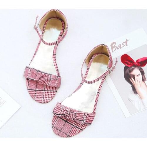 New Fashion Women Flat Sandals Casual 2020 Bow Gingham Sandles Open Toe Ankle Buckle Strap Cute Summer Beach Shoes Woman