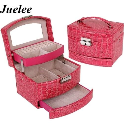Juelee High Grade Crocodile Print Jewelry Display Box 3 Layers Ring Necklace Jewelry Case Lady Gift Home Storage Supplies