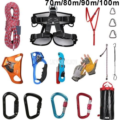 70m/80m/90m/100m Outdoor Rock Climbing Equipment Mountaineering Climbing Rope Set with Safety Belt/Buckle/Descender/Riser/Bag
