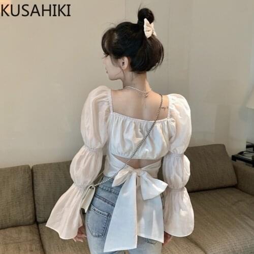 KUSAHIKI Chic Bow Tie Hollow-out Slim Waist Short Blouse Korean Puff Sleeve Square Collar Woman Shirts 2021 Blusas Mujer 6L730