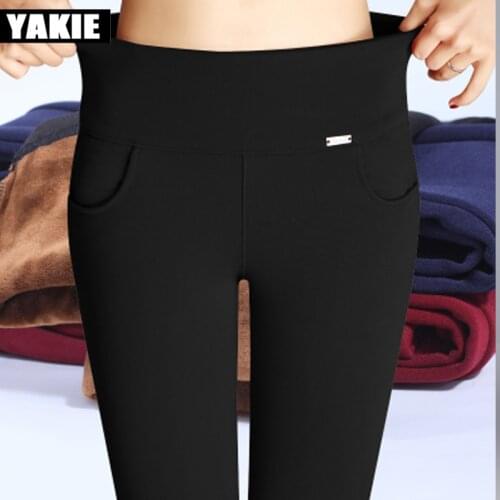 YAKIE Plus size S-4XL high elastic waist pants women cotton fleece high stretch pencil pants thick with velvet Black red blue