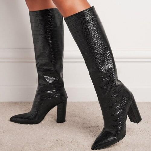 2022 New women boots PU Leather Women Knee High Boots Sexy Pointed Toe Square Heels Ladies Long Boot Slip On Female Shoes