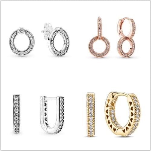 Authentic 925 Sterling Silver Pave Circle Reversible Pandora Earrings For Women Wedding Gift Fashion Jewelry