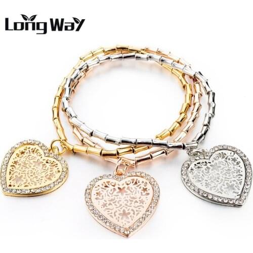 LongWay Gold Color Heart Charm Bracelets Bangles For Women Elastic Vintage Crystal Bracelet SBR140630