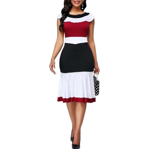 Woman dress Office Lady O Neck Ruffled Hem Sleeveless Color Block Bodycon Knee-length Dress платье летнее vestido de mujer 2021