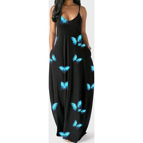 Women Plus Size Summer Sexy V-Neck Butterfly Print Sleeveless Pullover Long Dresses Off Shoulder Beach Holiday Party Wear Robe