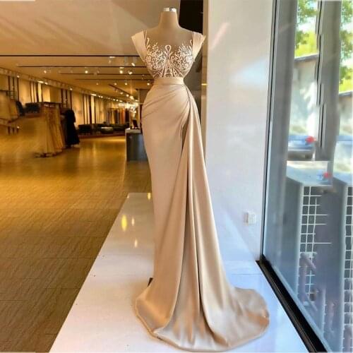 2021 Mermaid Evening Dresess with High Split Appliques Women Prom Gowns Satin Formal Party Wear Customize Vestidos De Fiesta