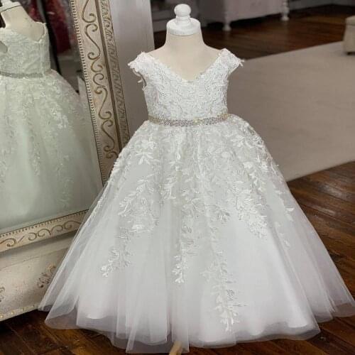 White First Communion Dress for Little Girl 2019 Famous Designer Ballgown Blush Red Kid Pageant Gown Lace Long Flower Girl Dress
