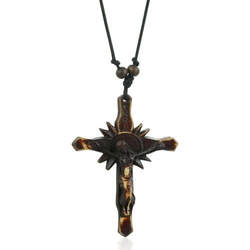 Large Catholic Crucifix Jesus Pendant Necklace Fashion Acrylic Cross Necklaces Women Men Religious Jewelry Rope Chain TNRI MN311