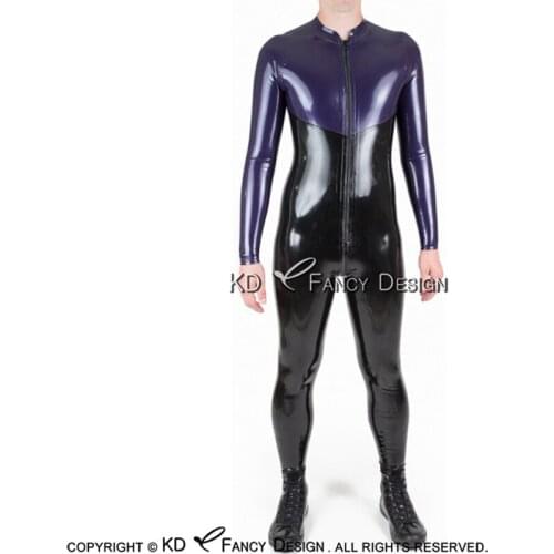 Black And Purple Sexy Latex Catsuit With Front To Back Crotch Zipper Stand Collar Rubber Bodysuit Zentai Overall LTY-0264
