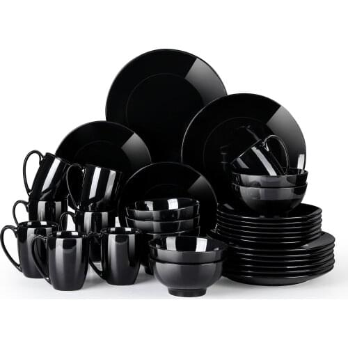 16/32/48-Piece Black Ceramic Porcelain Dinnerware Tableware Dinner Set with Dinner Plate,Dessert Plate,Bowl,Mug Set
