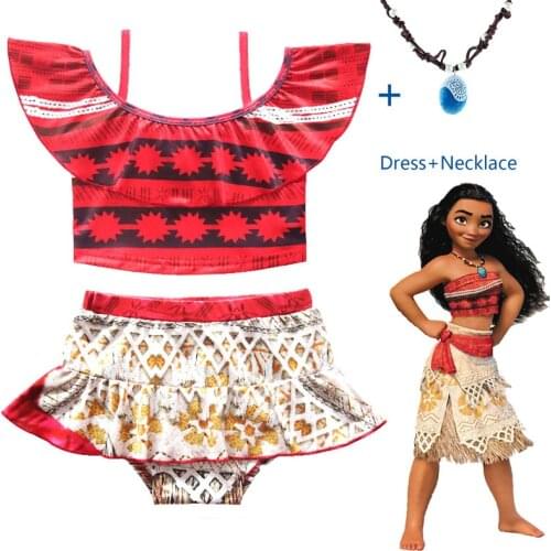 2018 New Summer Moana Cosplay swimming Kids girls princess dresses with necklace vaiana children Swimsuit costume vestidos 2pcs