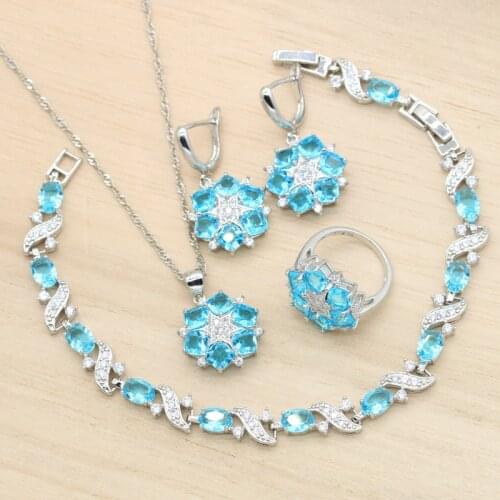Classic Blue Cubic Zircon Silver Color Wedding Jewelry Sets For Women Birthday Earrings Pendant Necklace Bracelet Ring 4 PCS