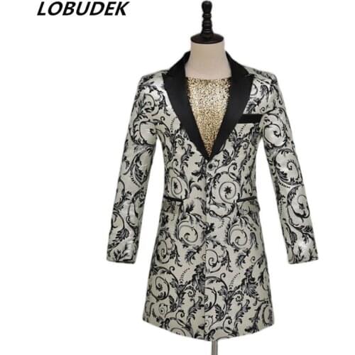 England Style Mens Vintage Court Jacquard Blazer Long Coat Bar Nightclub Evening Party Singer Host Stage Show Fashion Costume