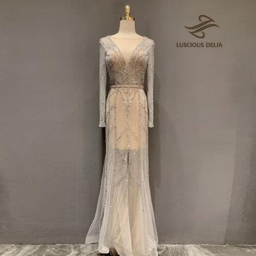 Luxury Dubai V-neck Sexy Evening Dresses 2020 Diamond Beading Long sleeves Mermaid Formal Dress Luscious Delia