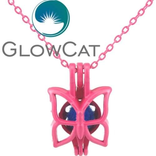 RR515 Hot Pink Lovely Butterfly Oyster Pearl Beads Cage Essential Oil Diffuser 18'' Necklace Locket Cage Party Jewelry