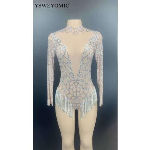 Dance Costume Silver Rhinestones Fringes Backless Transparent Net See Through Bodysuit Women Dancer DS Wear Celebrate Outfit