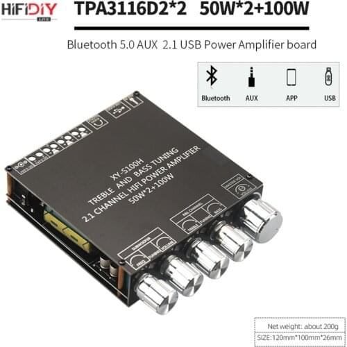 TPA3116D2 Bluetooth 5.0 2.1 Channel Power Audio Stereo Subwoofer Amplifier Board 50WX2+100W TREBLE Bass note tuning AMP S100H