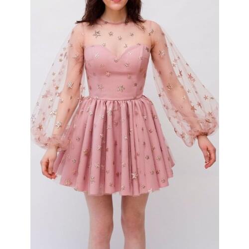 Long Sleeves Evening Dresses Short 2021 O-Neck Sweetheart Sexy Pink Star Prom Party Gowns Custom Plus Size vestido de fiesta