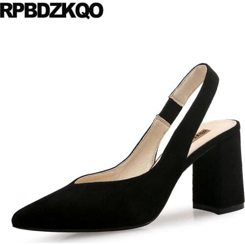 High Heels Chunky Slingback Fashion Work Pumps Size 4 34 Light Blue Women Shoes Office 2018 Elegant Suede Black Pointed Toe 33