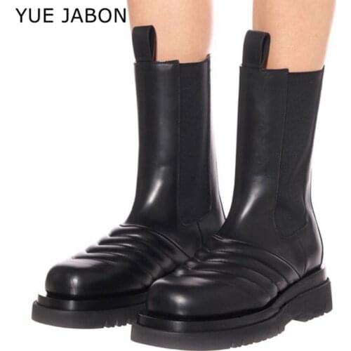 2020 Black Women Platform Boots Autumn Winter Casual Army Boots Thick Bottom Ankle Chelsea Boots Natural Leather Short Botas