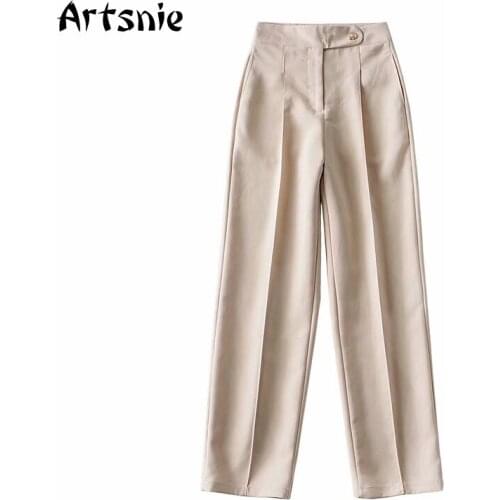 Artsnie Spring 2021 High Waist Blazer Pants Women Khaki Casual Trousers Streetwear Ladies Wide Leg Pants Straight Long Pants