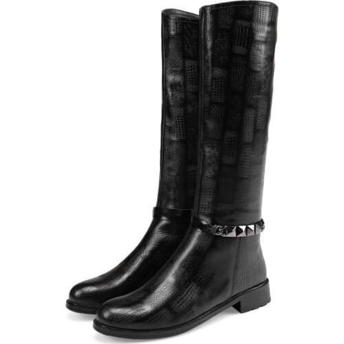 Women Riding Boots Women Shoes High Boots For Winter Warm Shoes Black Leather Chain Low Heel Comfort Footwear Size 38-41