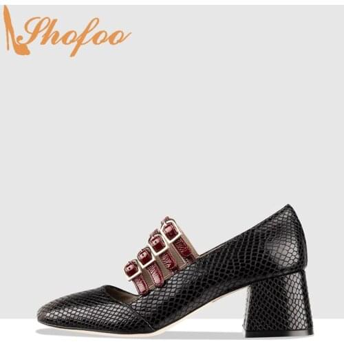 Black Snake Mary Janes Women Pumps High Chunky Heels Square Toe Buckle Strap Large Size 14 15 Ladies Summer Fashion Shoes Shofoo