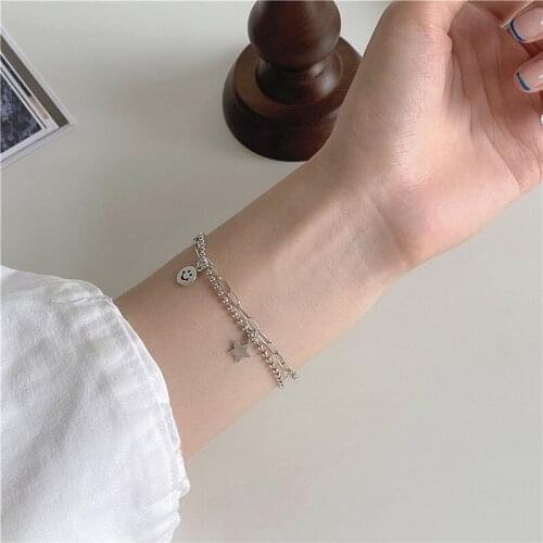 Korean Smiley Star Pentagram Vintage Handmade Chain Thai Silver Color Bracelet For Women Girls Double-Layed Jewelry SL2320