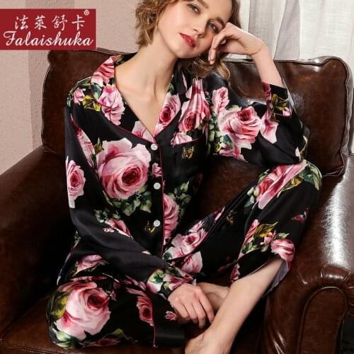 19Mumi New Printed Heavy Silk Pajama Sets Female Natural Silk Sleepwear Women Long-Sleeve Pants Two-Piece Pyjamas T8189-ZB