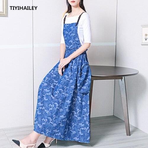 TIYIHAILEY Free Shipping Denim Dresses Women Long Maxi S-2XL Vintage Jeans Sleeveless Strap Dresses With Big Pockets Two Pieces