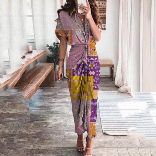 Vintage Women Turn Down Collar Button Style Dress Summer Slim Fit High Waist Print Dress Lady Short Sleeve Outdoor Elegant Dress