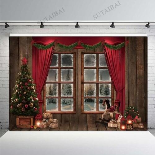 Winter Backdrop Christmas Tree Toy Bear Wood Horse French Window View Forest Red Curtain Wooden Wall Photo Background Studio