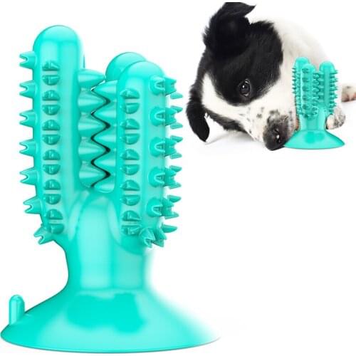 Dog Toys Cactus-shaped Dog Toothbrushes Dog Teeth Cleaning Leaking Toys Suction Cup Base Dog Toy TPR Material Lake blue Green