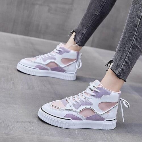 2021 Spring Women Leather Casual Shoes Fashion Colors Comfortable Girl Leisure High Tops Flat Shoes Lace-up Sneakers 3 Colors