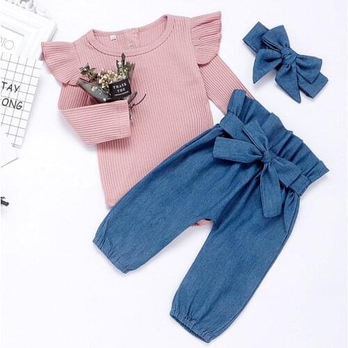 3pcs Newborn Baby Girls Clothes Ruffle Ribbed Romper +Bow Pants +Headbands Outfits Winter Girl Clothing Sets 6 12 18 24 Months