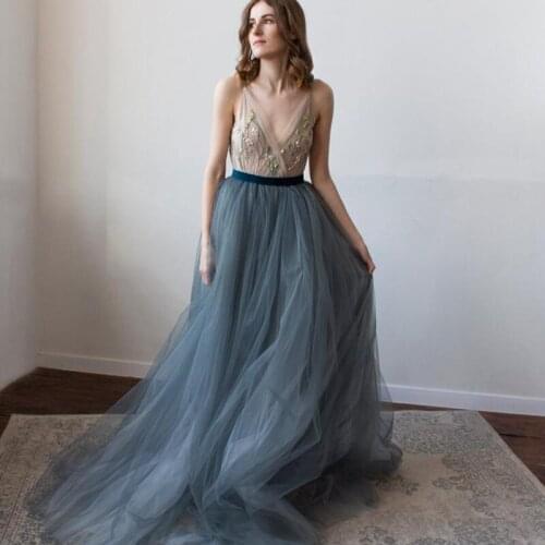 Boho Pretty Dusty Blue Bridal Tulle Skirts Beach Wedding Mesh Tulle Skirts Women Zipper A-line Mix Color Tulle Skirt
