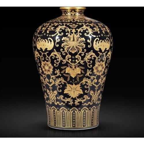 Huang Kiln Jingdezhen Imitation Qianlong Sacrifice Orchid Gold Flowers Decoration black porcelain ceramic vase