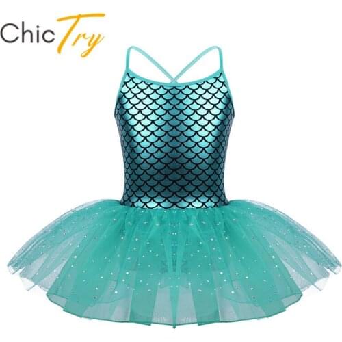 ChicTry Kids Girls Shiny Sequins Mermaid Scales Ballet Tutu Dress Spaghetti Straps Ballet Leotard Children Stage Dance Costume