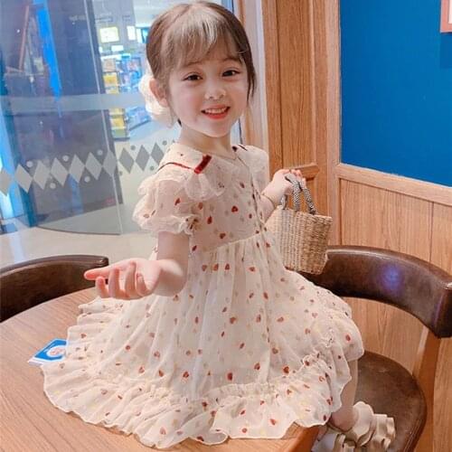 Short Sleeve Girl Dress Kids Baby 2021 Sweet Turndown Collar Spring Summer Princess Casual Ruffles Floral Dresses Children Cloth