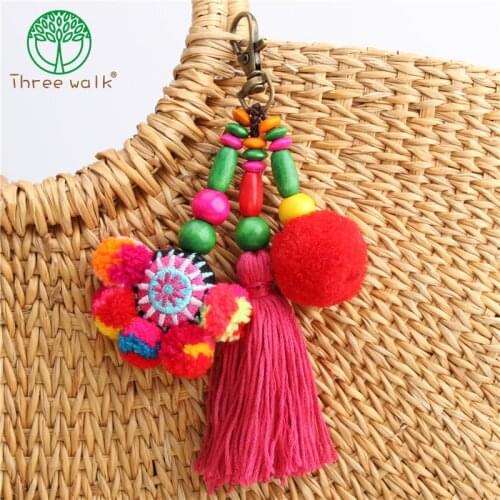 KC13 Fashion Jewelry Bohemian Handmade Bag Pendant Women Charm Pompom Keychain Colorful Bead Tassels Big Ball Key Chain